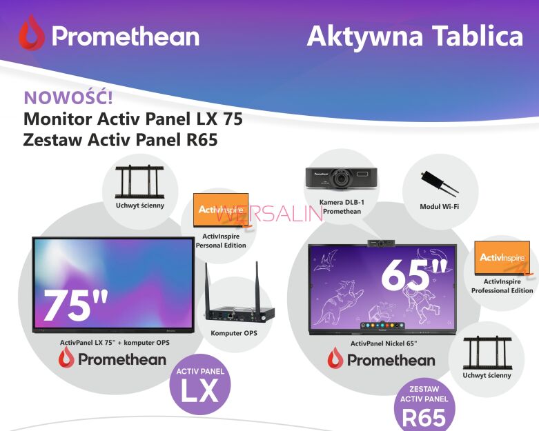 Zestaw 1 x Monitor Promethean LX 75 cali + 2 x Monitor R65 cali