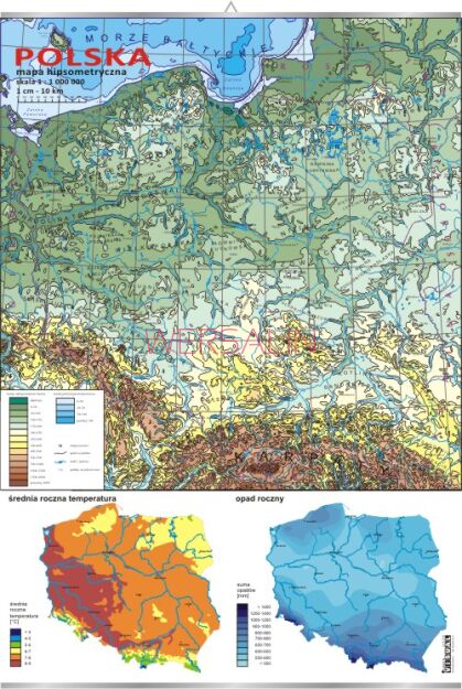 Polska - mapa hipsometryczna + mapki temperatury i opadów