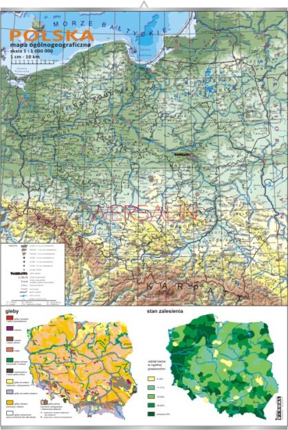 Polska - mapa ogólnogeograficzna + mapki gleb i zalesienia