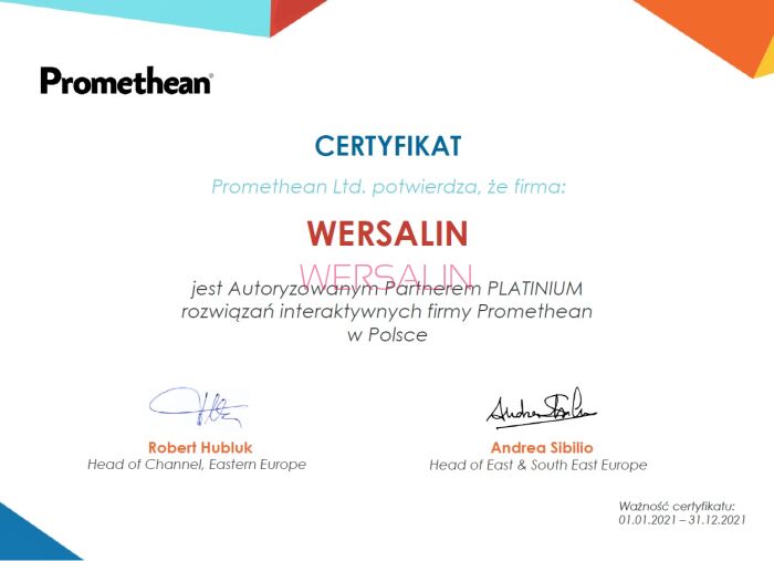 Certyfikat autoryzowanego resselera Promethean Platinum